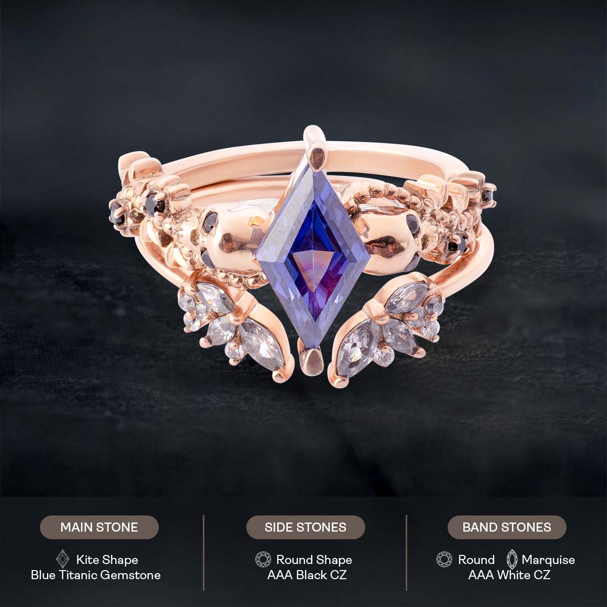 Goth Skull Bridal Ring Set Floral Kite Cut Blue Titanic Gemstone