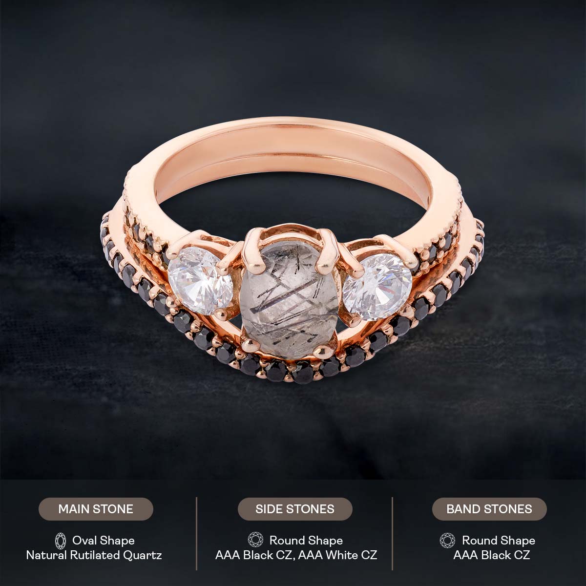 Rutilated Quartz Engagement Ring Set 3 Stone Bridal Rings