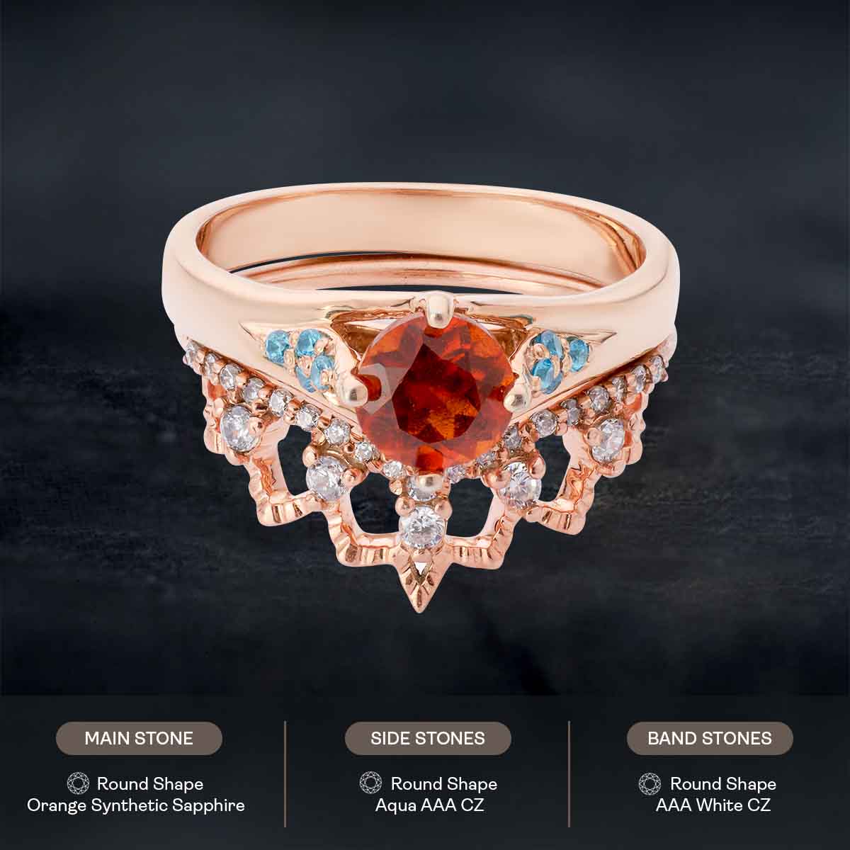 Cocktail Engagement Ring Set Orange Sapphire Bridal Rings