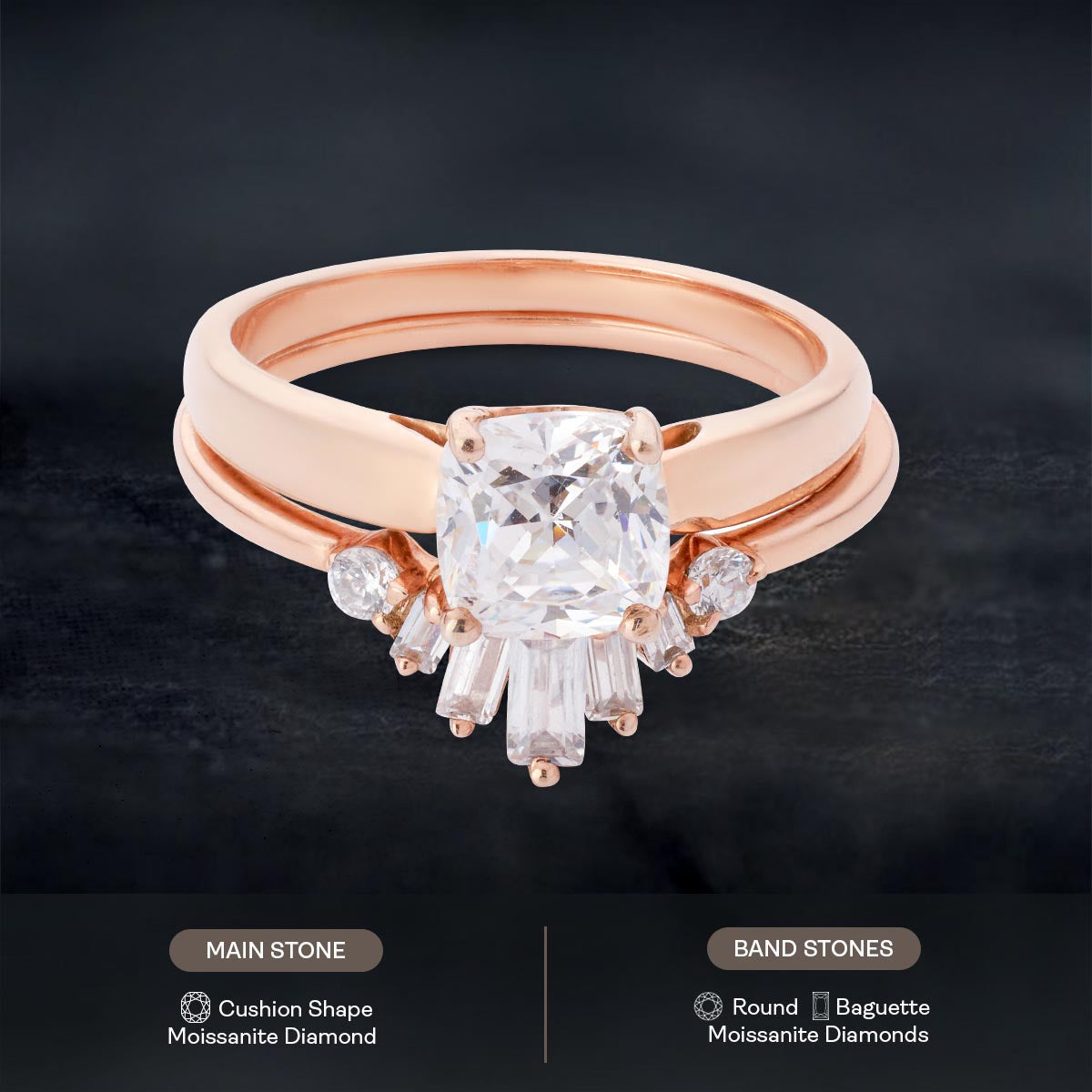 Solitaire Cushion Diamond Engagement Ring Tiara Wedding Band Bridal Set