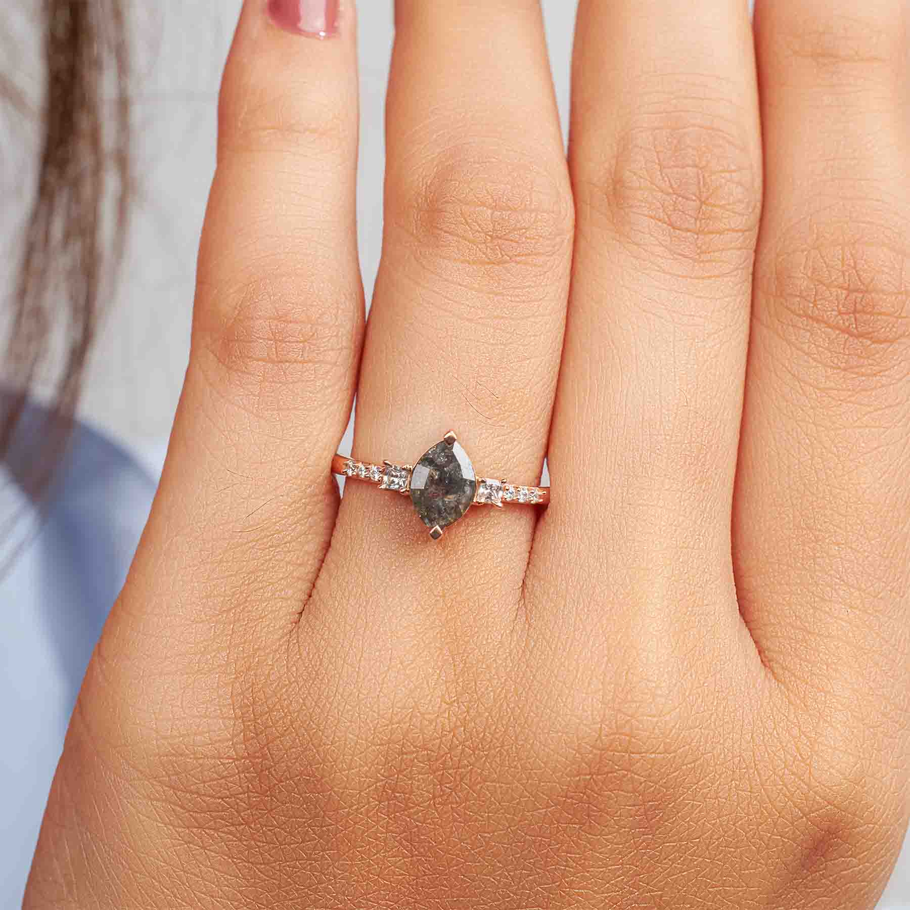 Marquise cut rustic salt and pepper natural diamond wedding ring