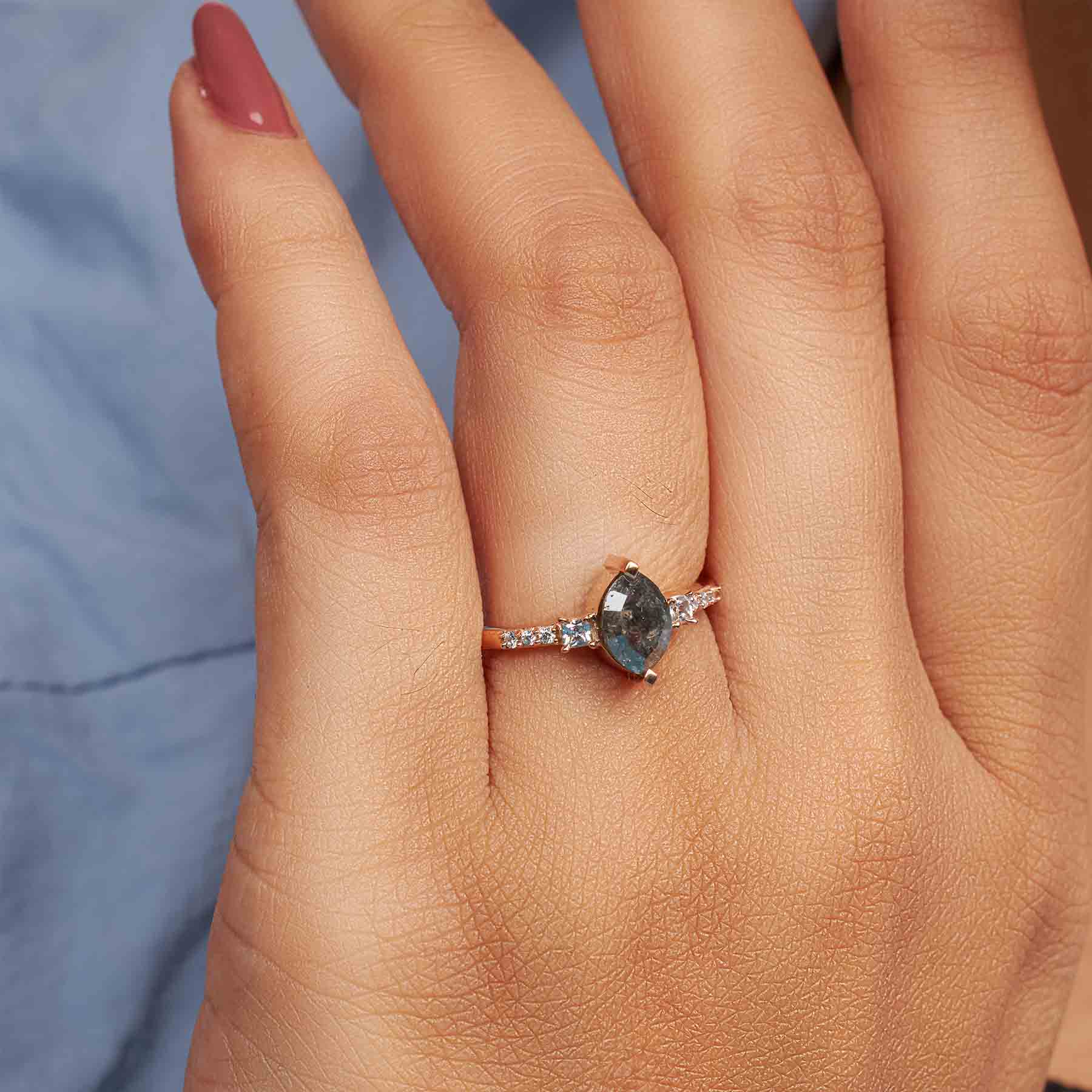 Marquise cut rustic salt and pepper natural diamond wedding ring