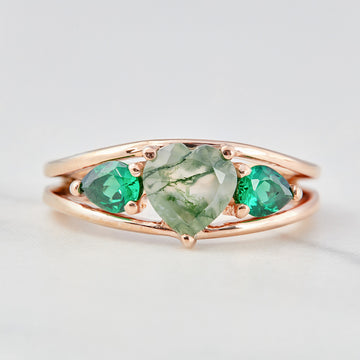 Moss Agate Heart Engagement Ring 3 Stone Promise Ring Women