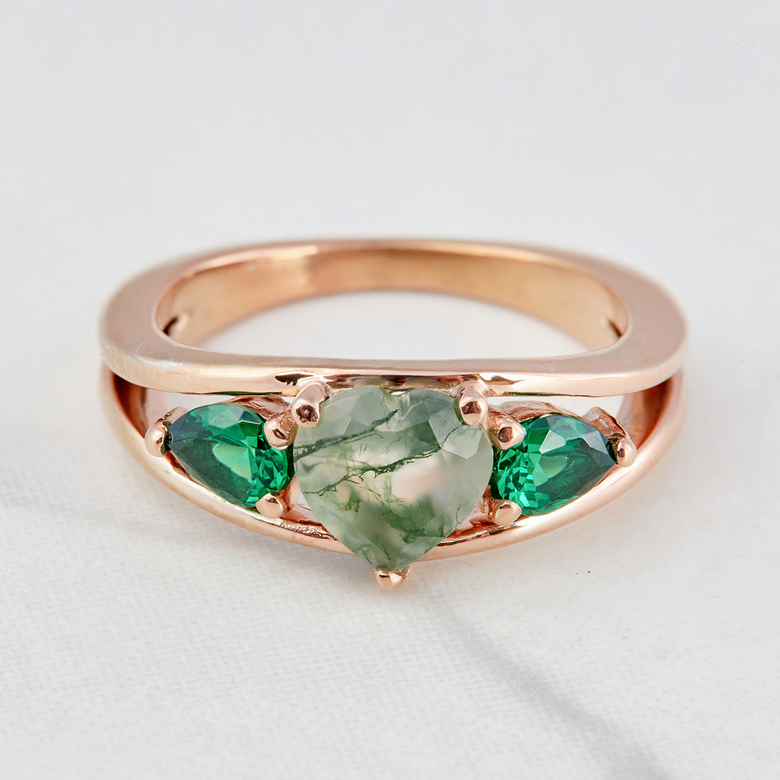 Moss Agate Heart Engagement Ring 3 Stone Promise Ring Women