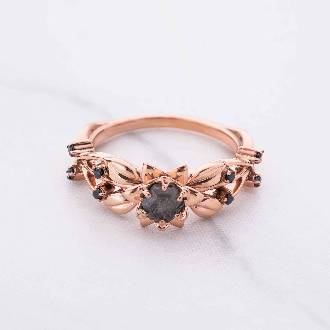 Hexagon Cut Black Natural Spinel Gemstone Engagement Ring Rose Gold Flower Art Nouveau Nature Inspired