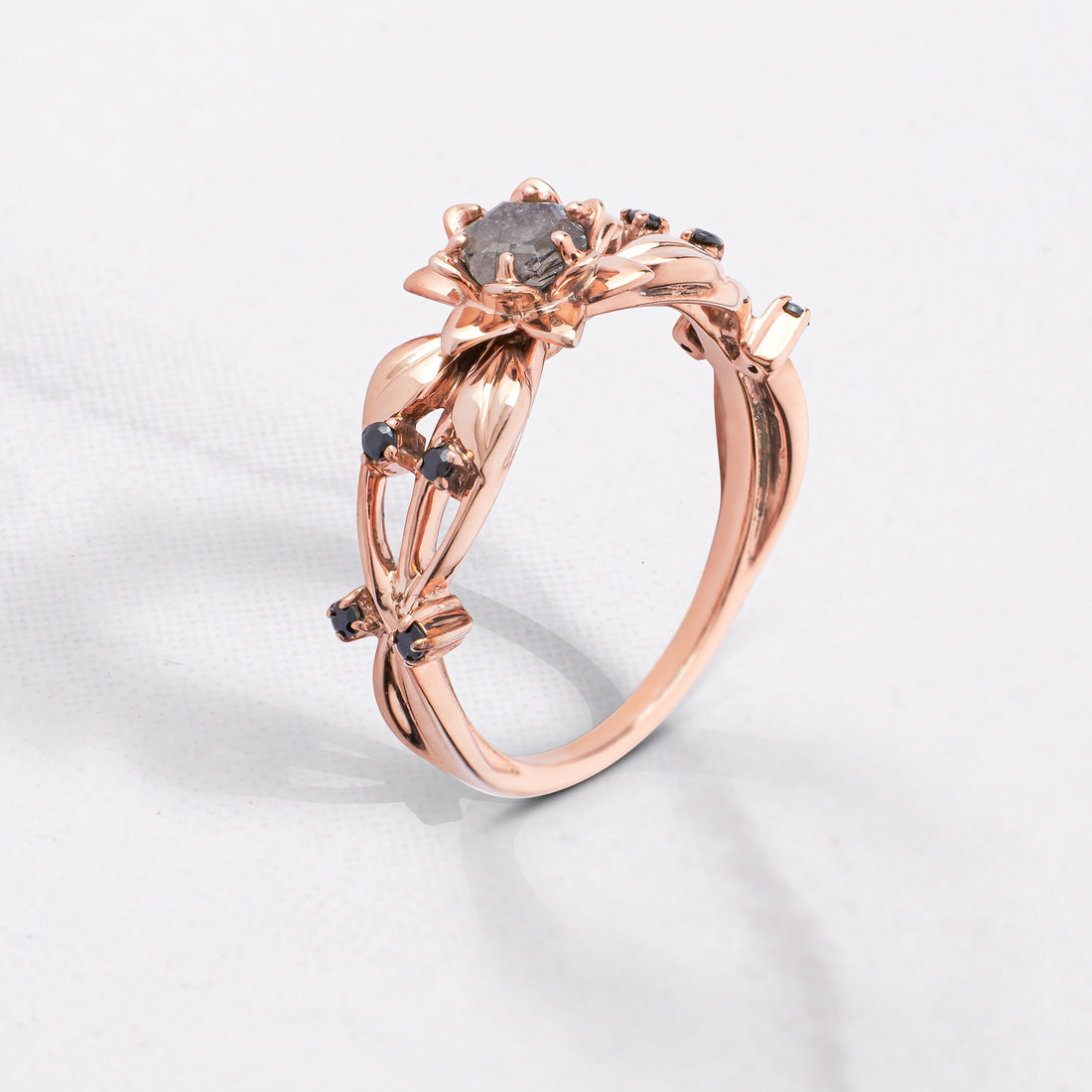 Hexagon Cut Black Natural Spinel Gemstone Engagement Ring Rose Gold Flower Art Nouveau Nature Inspired