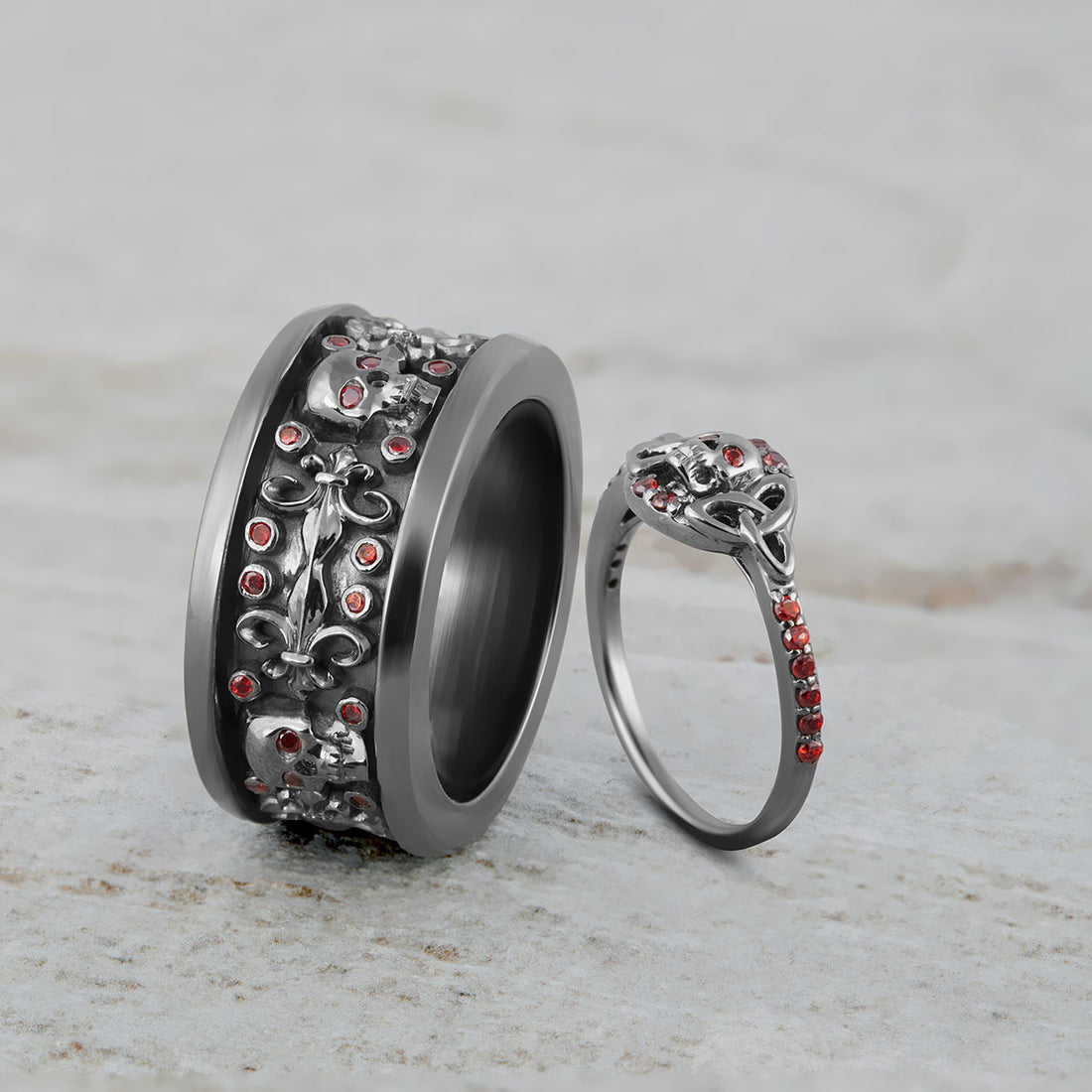 Floral Skull Wedding Ring Set