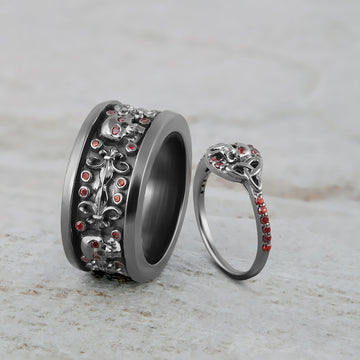Floral Skull Wedding Ring Set