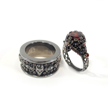 Red Garnet Matching Skull Rings His and Her Vampire Fleur De Lis