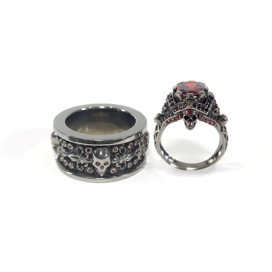 Red Garnet Matching Skull Rings His and Her Vampire Fleur De Lis