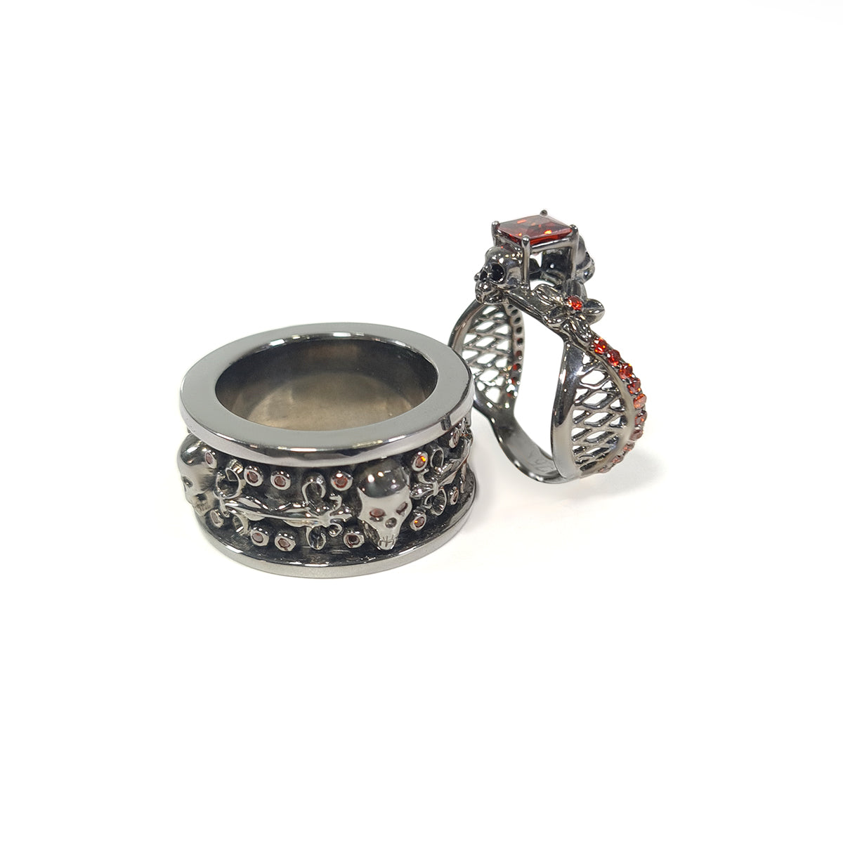 Matching Flower Skull Couple Rings
