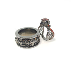 Matching Flower Skull Couple Rings Red Garnet Skull Ring Set