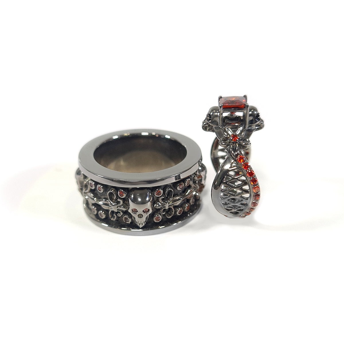 Matching Flower Skull Couple Rings