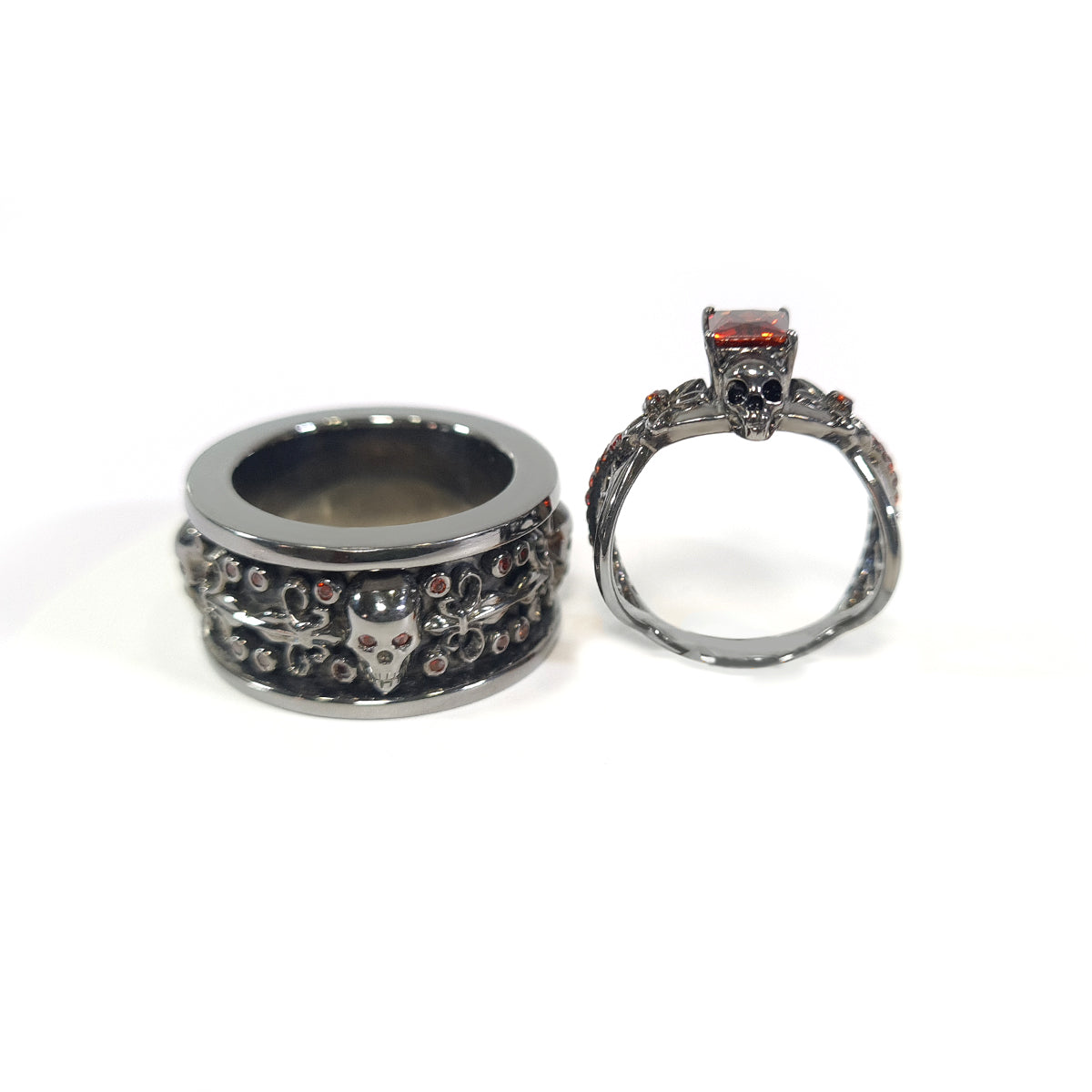 Matching Flower Skull Couple Rings
