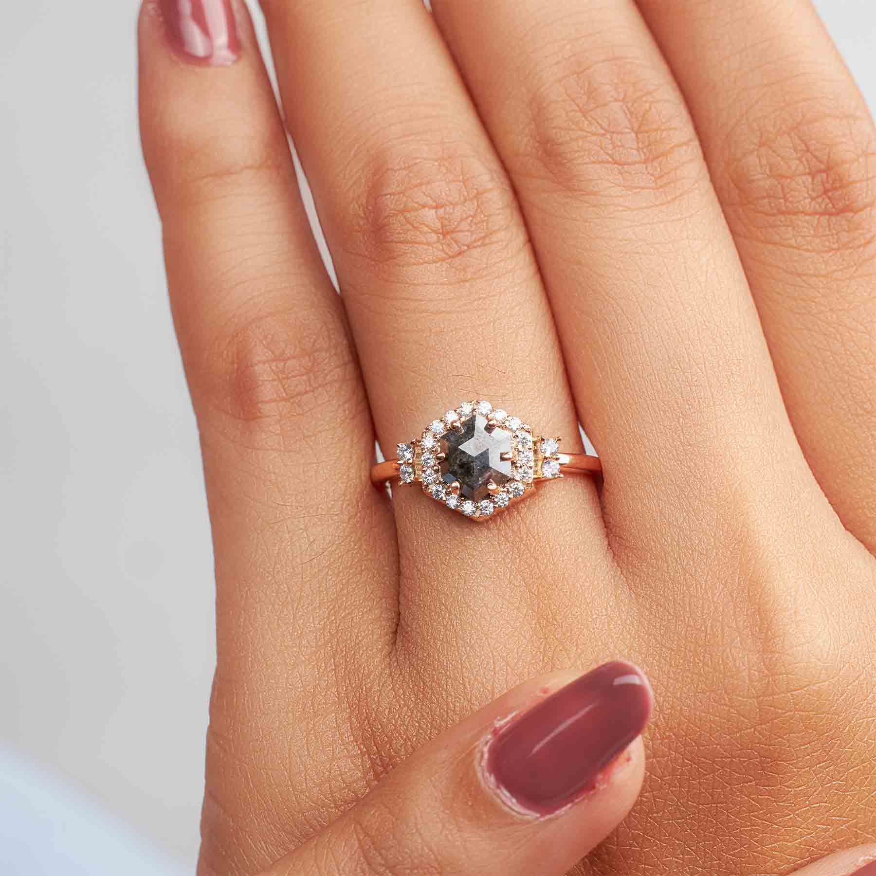 Hexagon Cut Grey Natural Rustic Salt and Pepper Diamond Ring