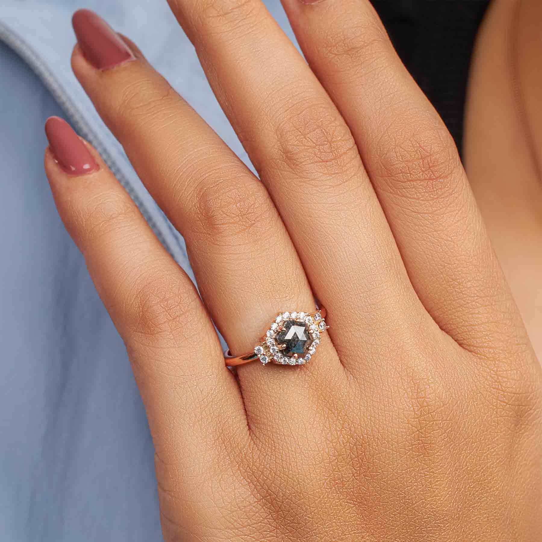Hexagon Cut Grey Natural Rustic Salt and Pepper Diamond Ring