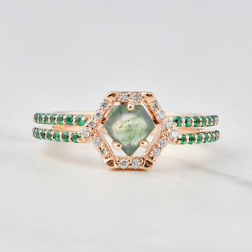 Pentagon Moss Agate Engagement Ring