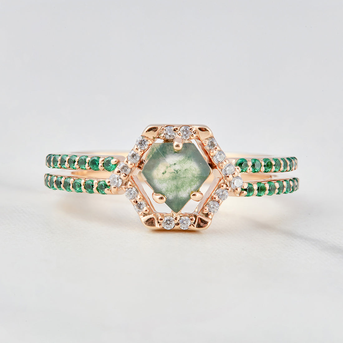 Pentagon Moss Agate Ring Set