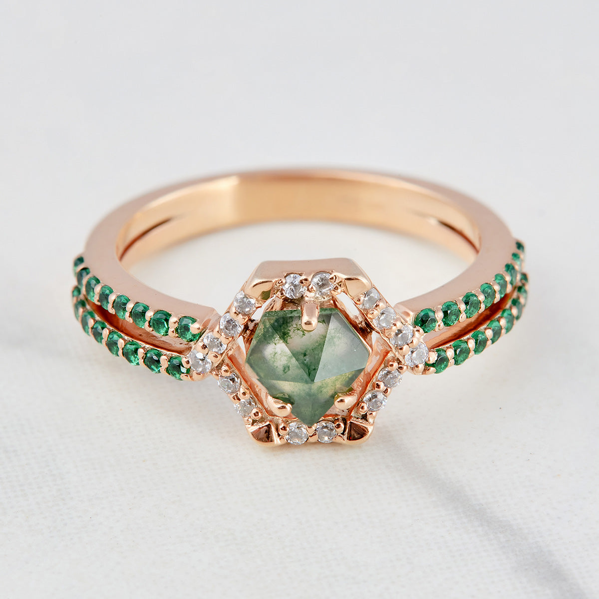 Pentagon Moss Agate Engagement Ring
