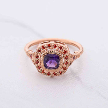 Multi Gemstone Cocktail Ring Milgrain Genuine Amethyst Sapphire Statement Engagement Rings Rose Gold
