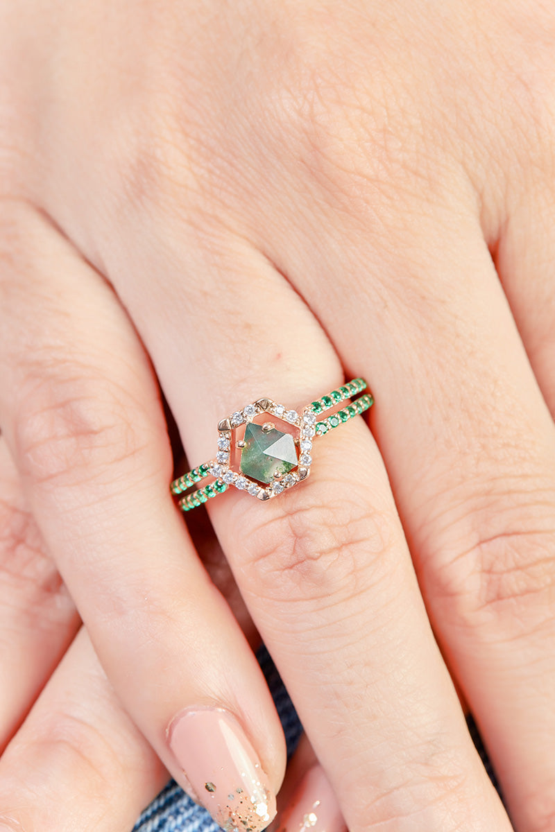 Pentagon Moss Agate Engagement Ring