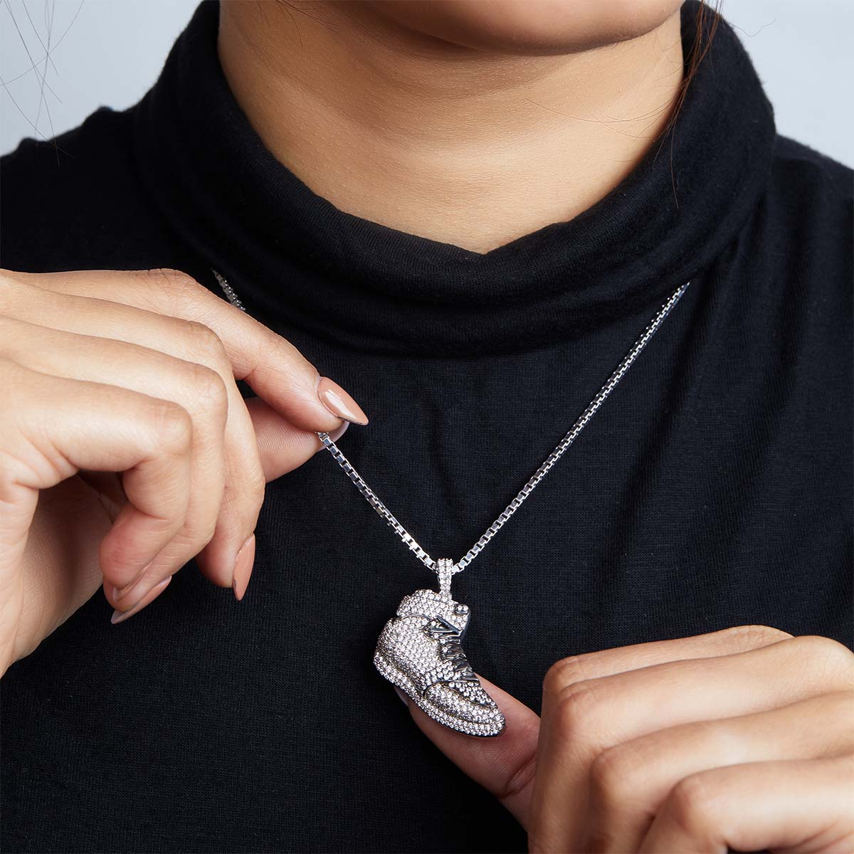 Iced Out Shoe Necklace Hip Hop Jewelry Sneaker Pendant Two Tone Sterling Silver Diamond