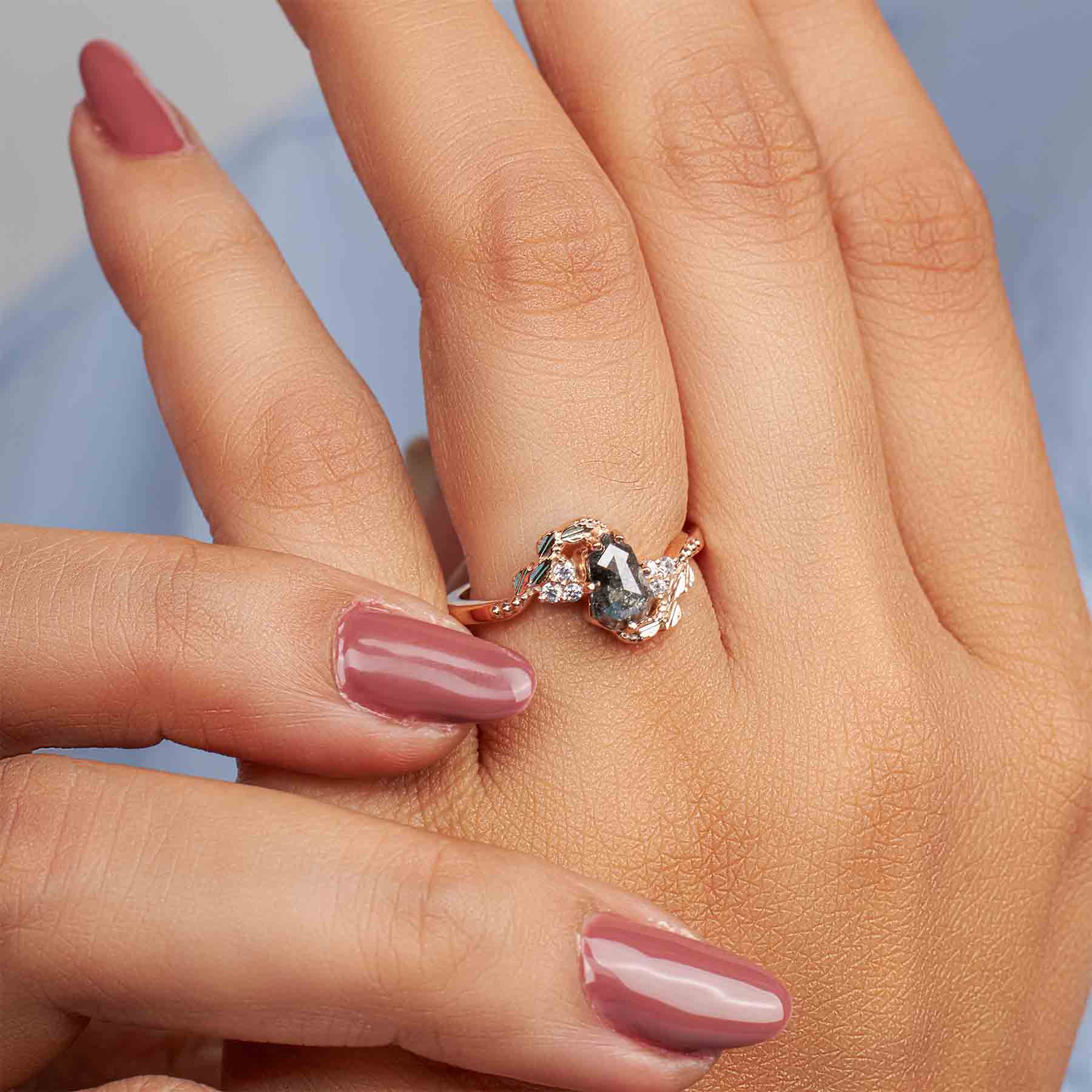 Shield Rose Cut Natural Salt and Pepper Diamond Art Deco Ring