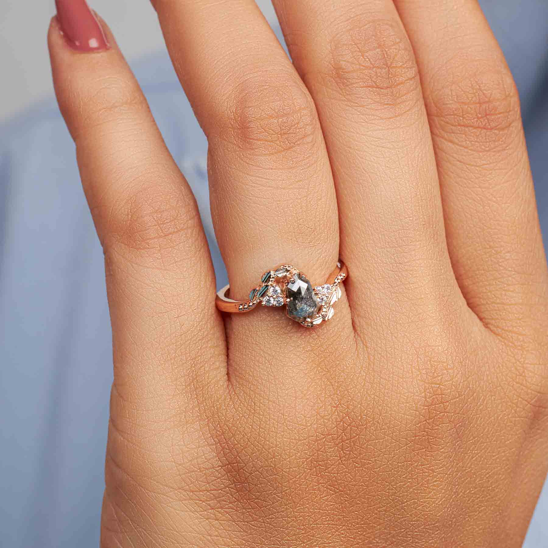 Shield Rose Cut Natural Salt and Pepper Diamond Art Deco Ring