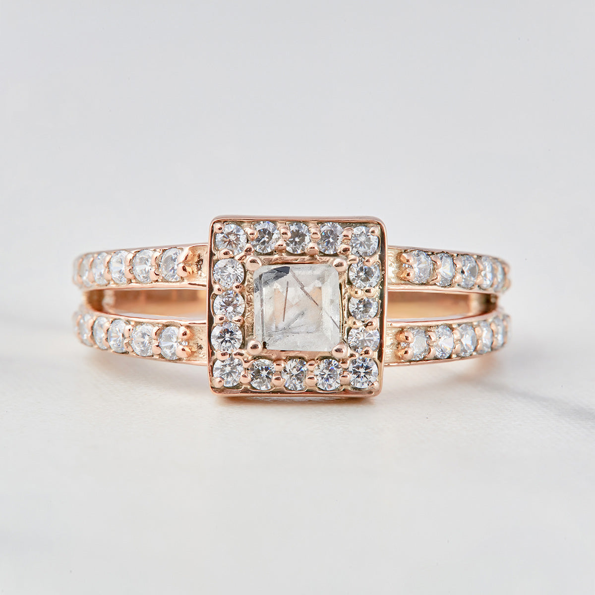 0.40CT Rutilated Quartz Engagement Ring Set Halo Moissanite