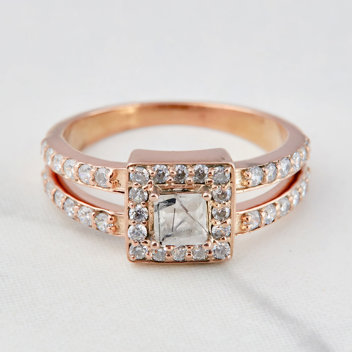 0.40CT Rutilated Quartz Engagement Ring Set Halo Moissanite
