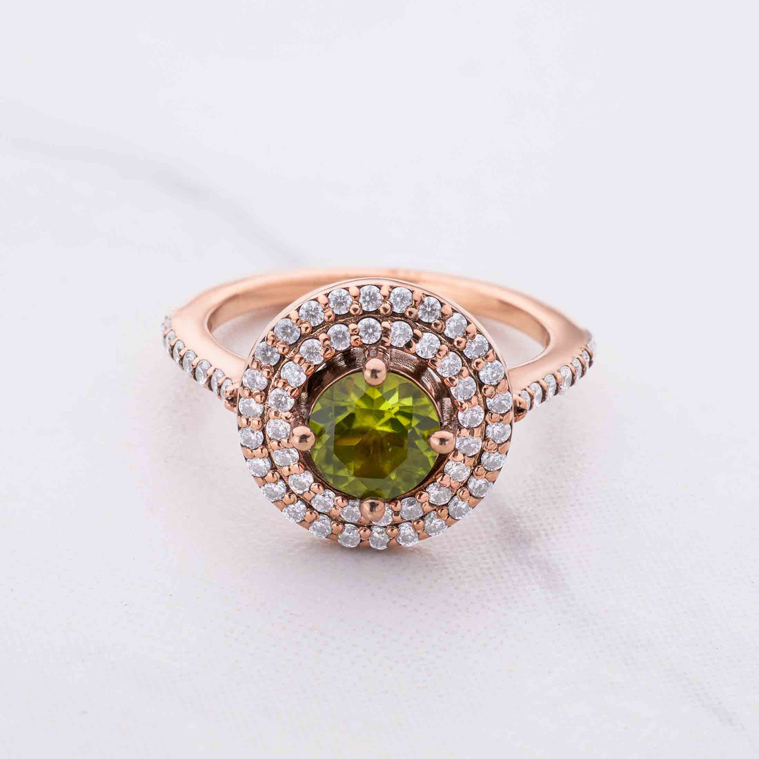 Double Halo Statement Ring Cocktail Party Peridot Engagement Rings Rose Gold