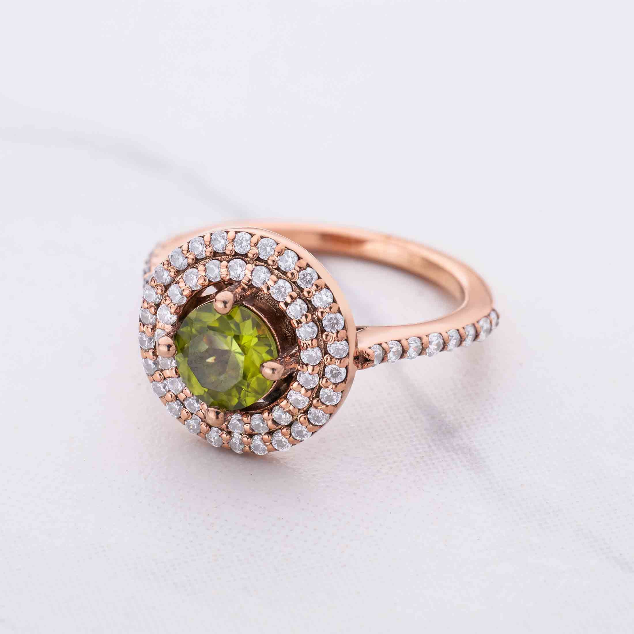 Double Halo Statement Ring Cocktail Party Peridot Engagement Rings Rose Gold