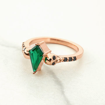 Kite Cut Green CZ Skull Ring Gothic Engagement Rings Rose Gold Sterling Silver