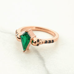 Kite Cut Green CZ Skull Ring Rose Gold Gothic Engagement Rings