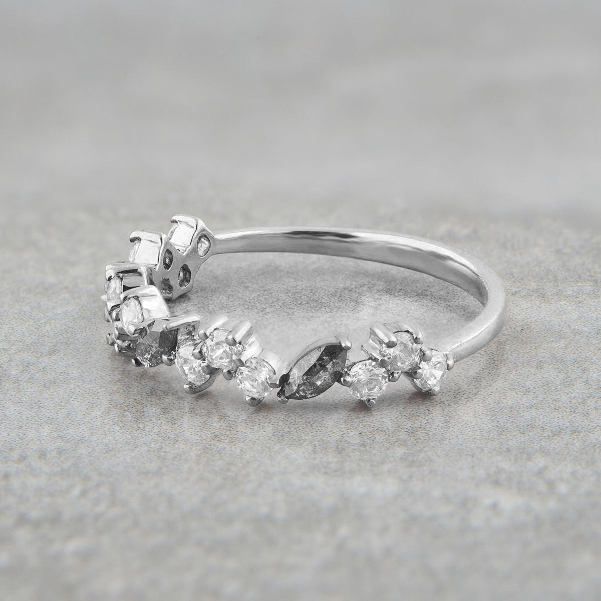 Natural Salt and Pepper Diamond Wedding Band Grey Galaxy Diamond Anniversary Band White Gold Eternity Promise Ring Marquise Round Cut Moissanite