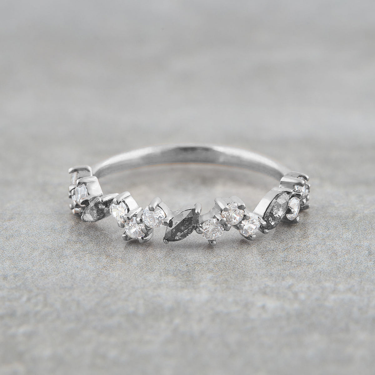 Natural Salt and Pepper Diamond Wedding Band Grey Galaxy Diamond Anniversary Band White Gold Eternity Promise Ring Marquise Round Cut Moissanite