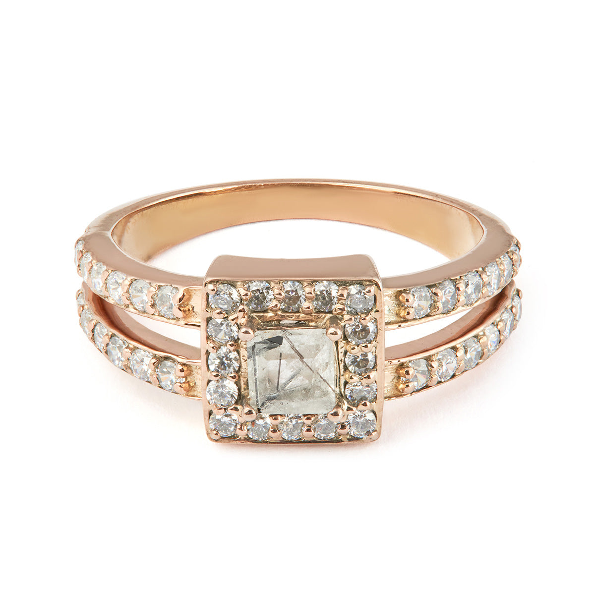 A square rutilated quartz center and double diamond band.