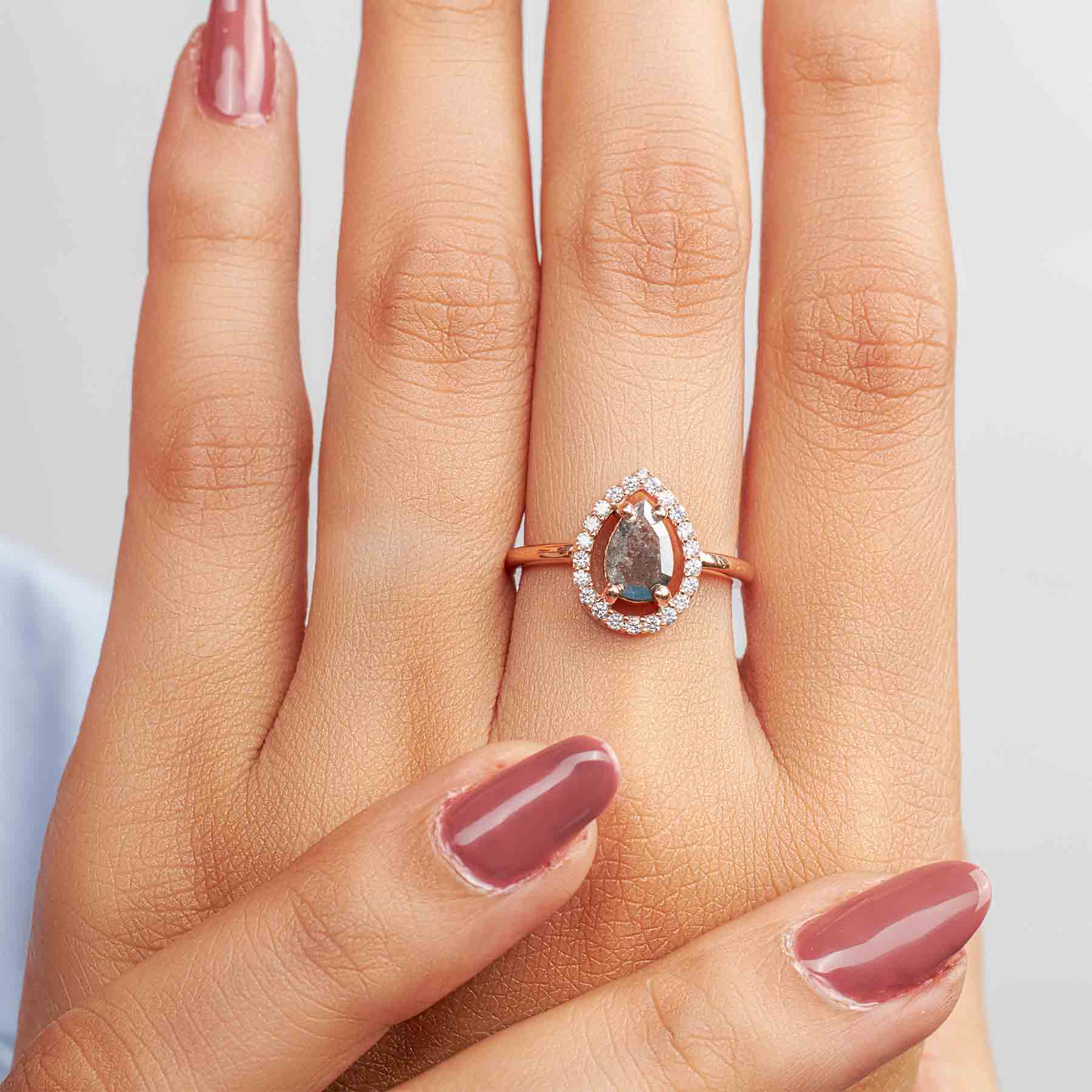 Natural Salt and Pepper Diamond Halo Moissanite Teardrop Engagement Ring