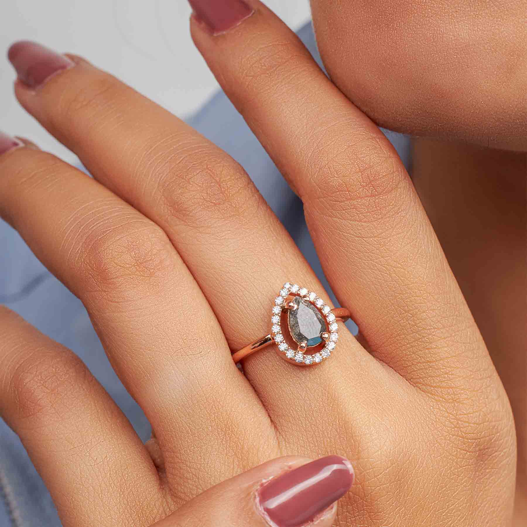 Natural Salt and Pepper Diamond Halo Moissanite Teardrop Engagement Ring