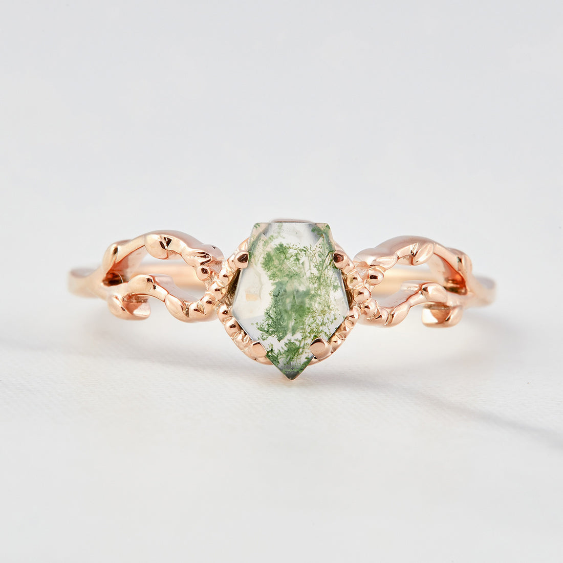 Shield Cut Natural Moss Agate Ring