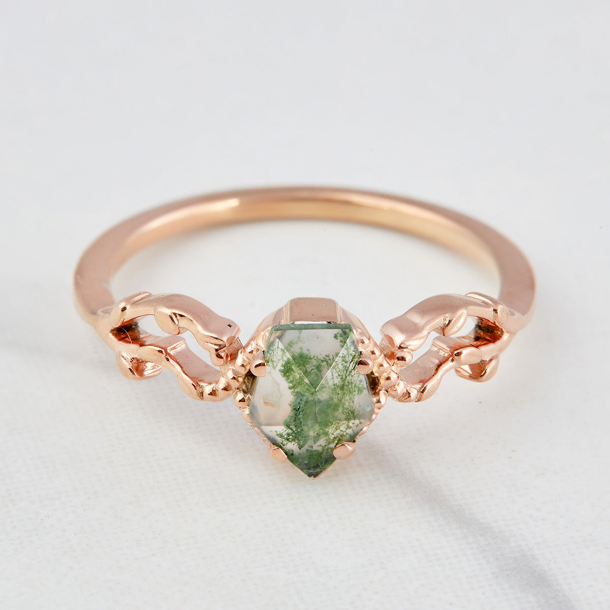 Shield Cut Moss Agate Promise Ring