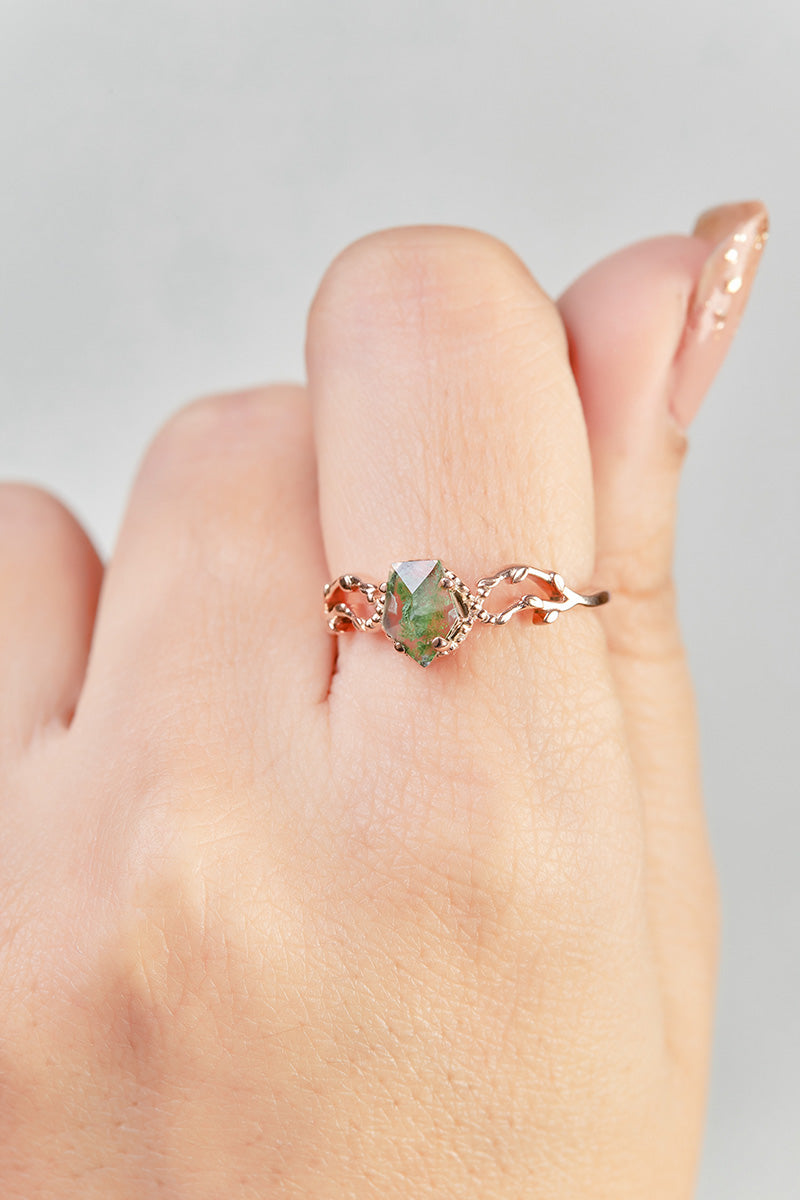 Shield Cut Moss Agate Promise Ring
