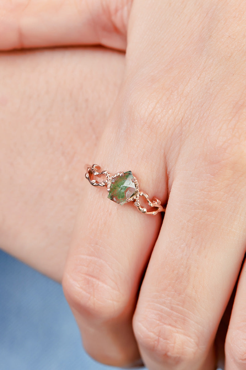 Shield Cut Moss Agate Promise Ring