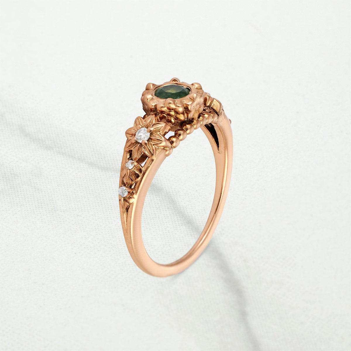 Round Cut Moss Agate Ring Flower Nature Inspired Engagement Rings Rose Gold