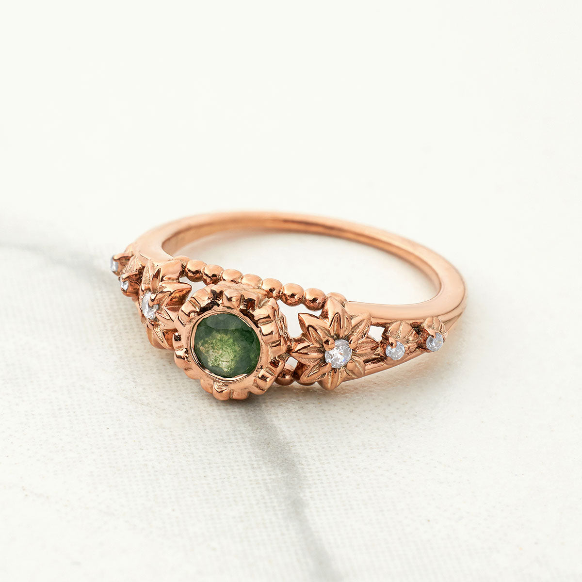 Round Cut Moss Agate Ring Flower Nature Inspired Engagement Rings Rose Gold