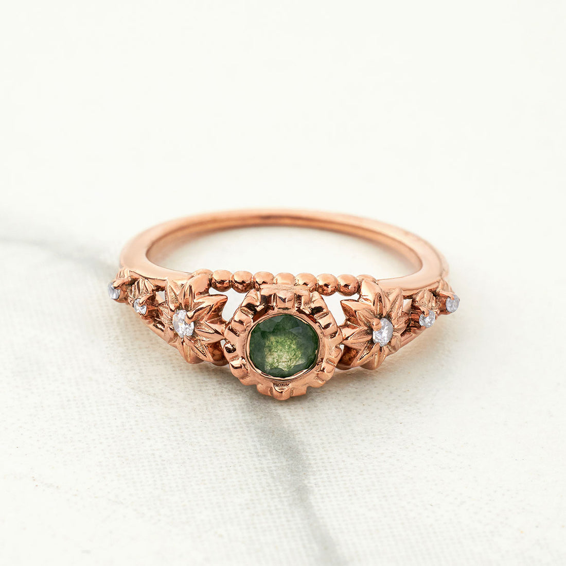 Round Cut Moss Agate Ring Flower Nature Inspired Promise Engagement Rings Rose Gold