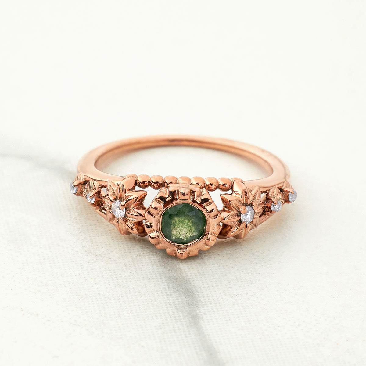 Round Cut Moss Agate Ring Flower Nature Inspired Engagement Rings Rose Gold