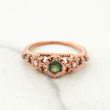 Round Cut Moss Agate Ring Flower Nature Inspired Engagement Rings Rose Gold