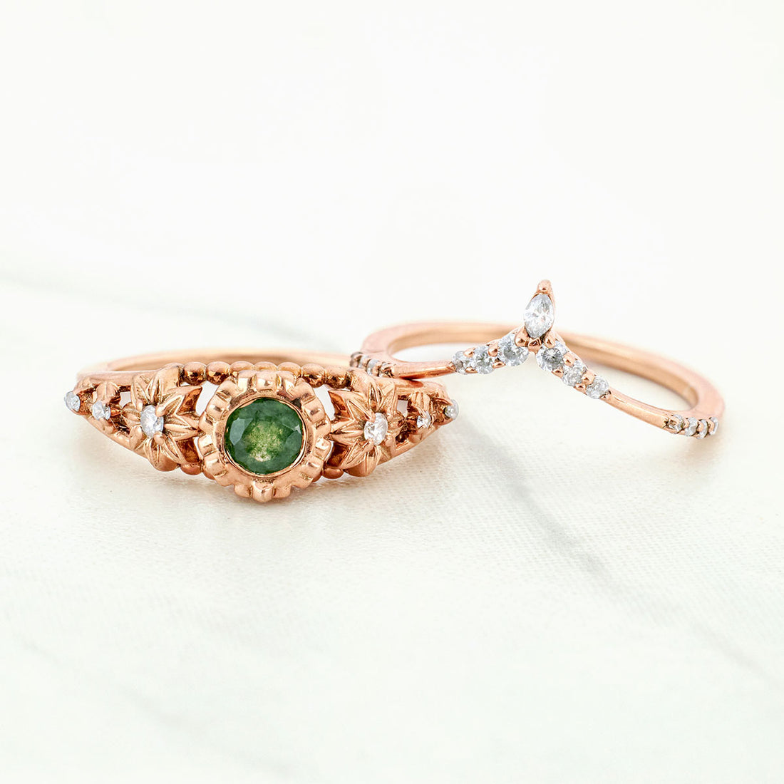 Moss Agate Flower Ring Set Art Deco Floral Bridal Ring Rose Gold