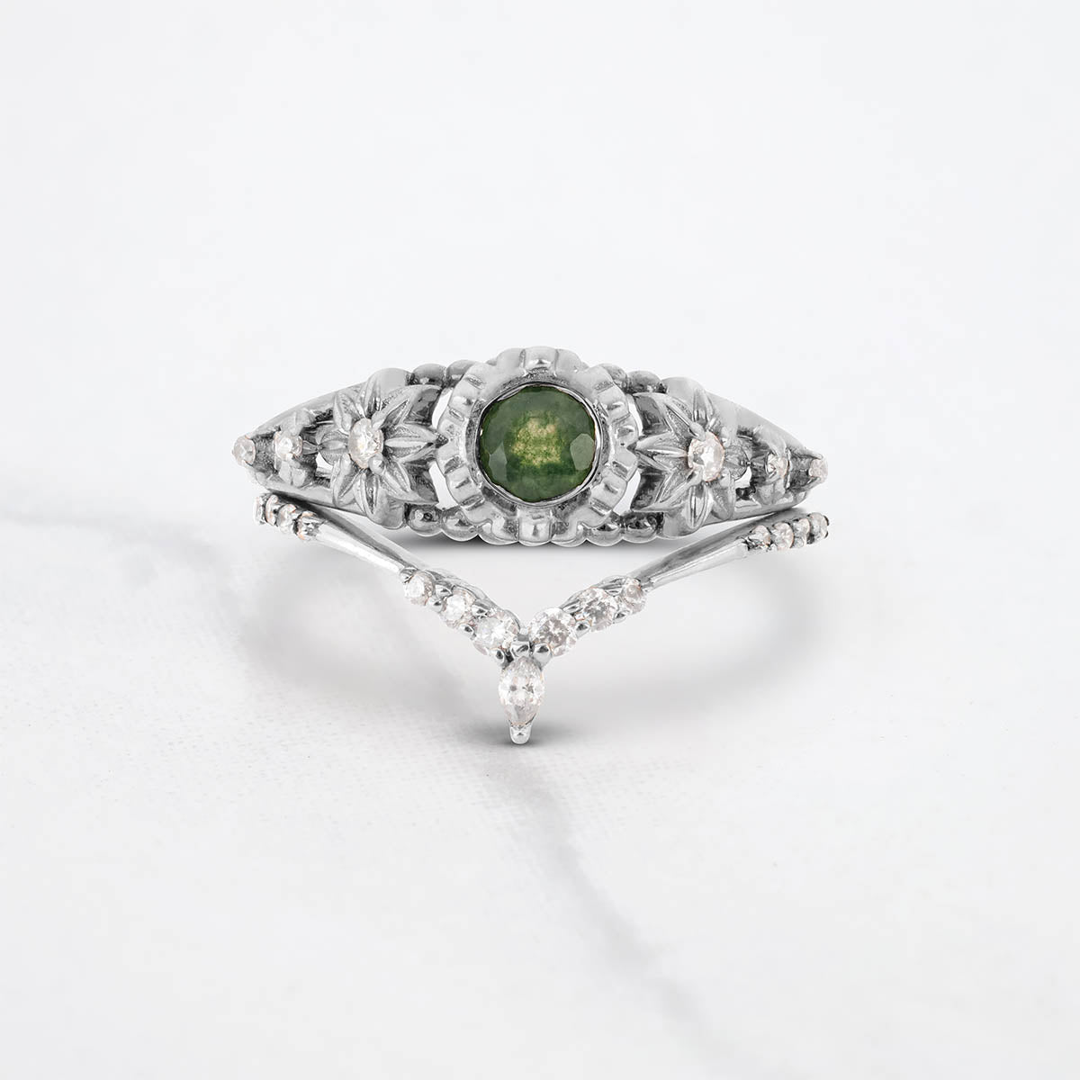 Moss Agate Flower Ring Set Art Deco Floral Bridal Ring Rose Gold
